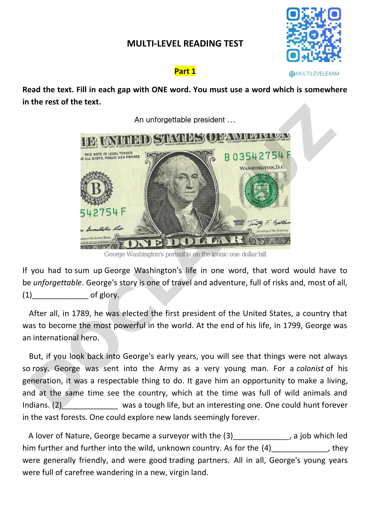 Reading test about George Washington's life with fill-in-the-blank exercises