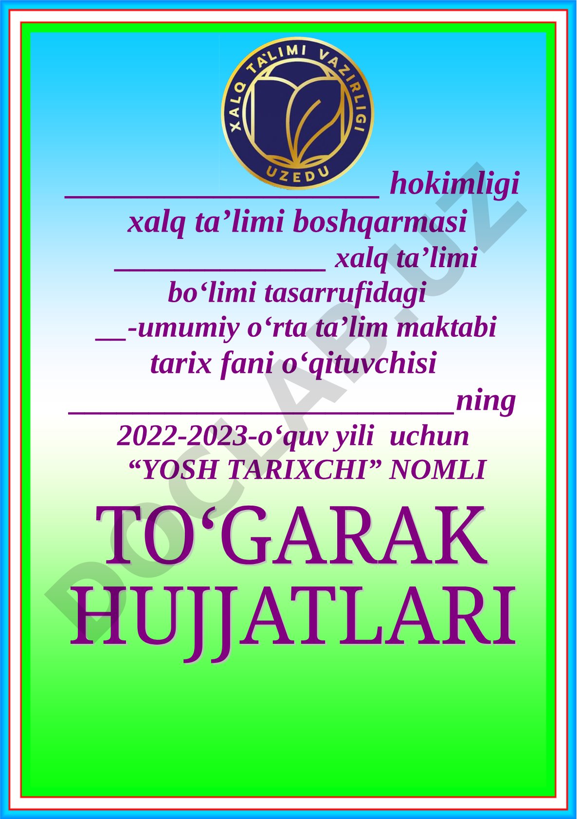 Yosh tarixchi to'garagining ish rejasi