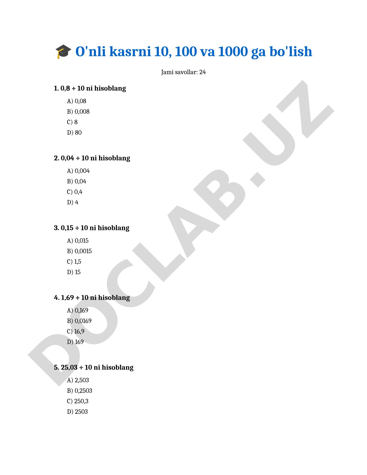 O'nli kasrni 10, 100 va 1000 ga bo'lish