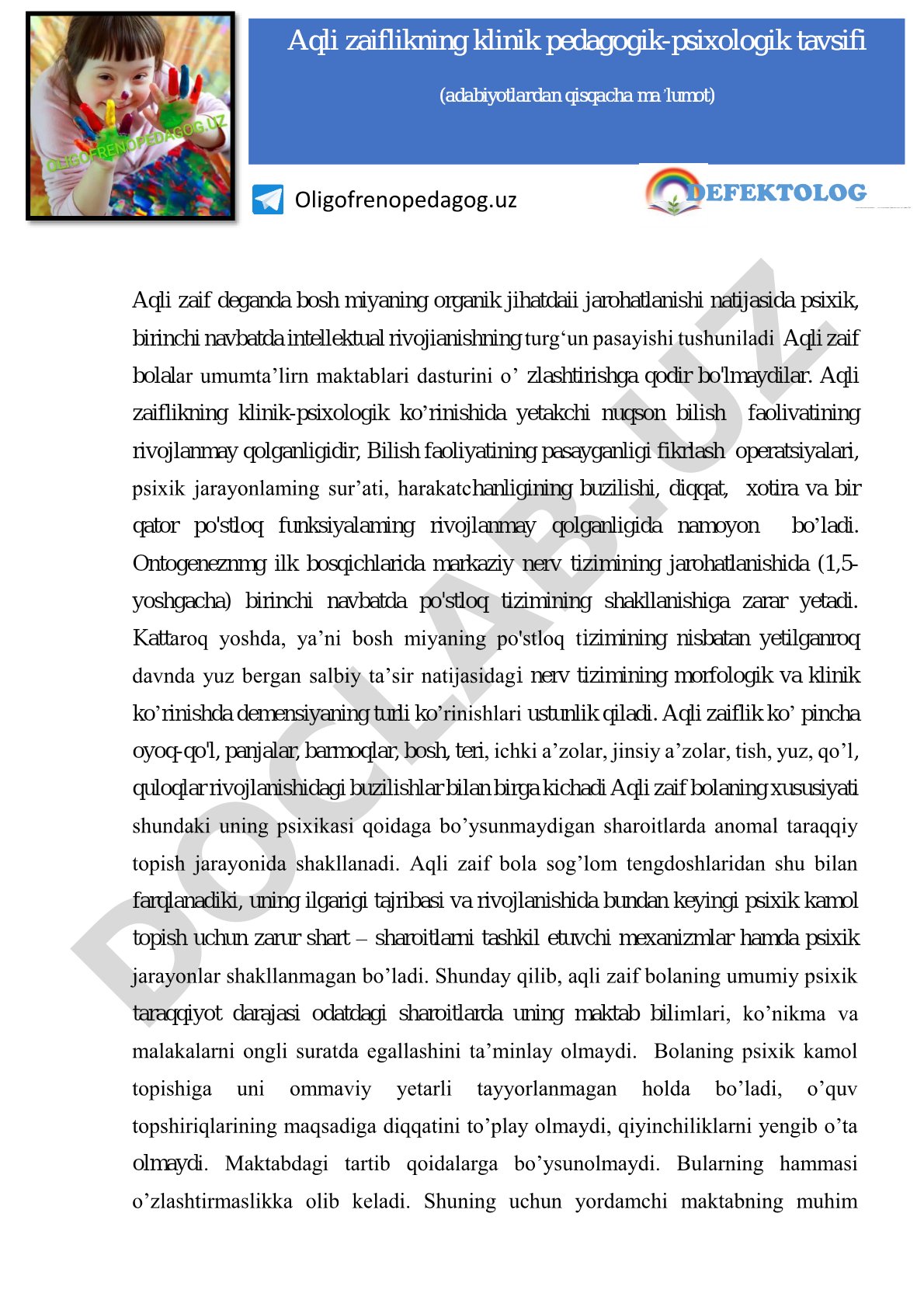Aqli zaif bolalarning psixik rivojlanish xususiyatlari