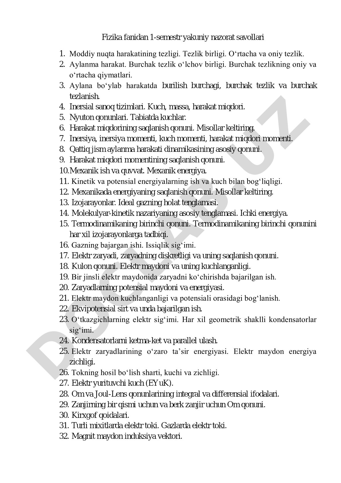Fizika fanidan 1-semestr yakuniy nazorat savollari