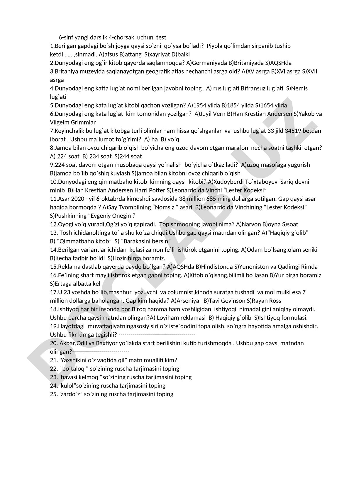 6-sinf yangi darslik 4-chorsak uchun test