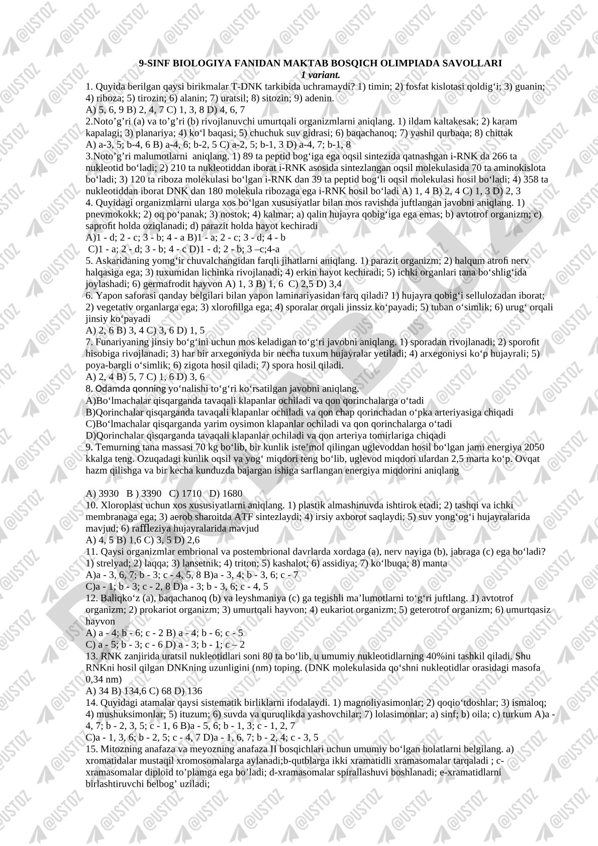 9-sinf biologiya fanidan maktab bosqich olimpiada savollari 1 variant