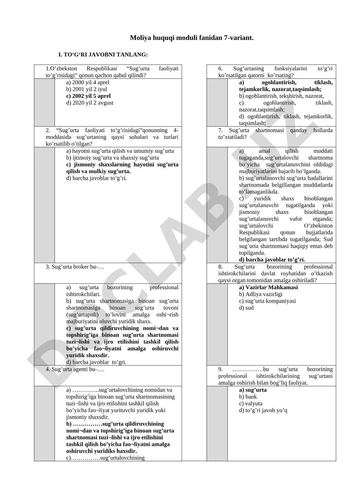 Moliya huquqi moduli fanidan 7-variant