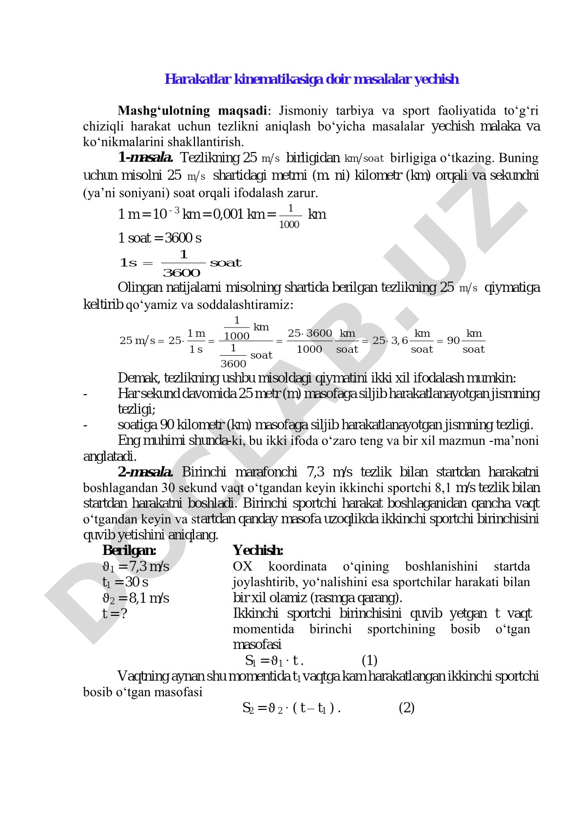 Harakatlar kinematikasiga doir masalalar yechish