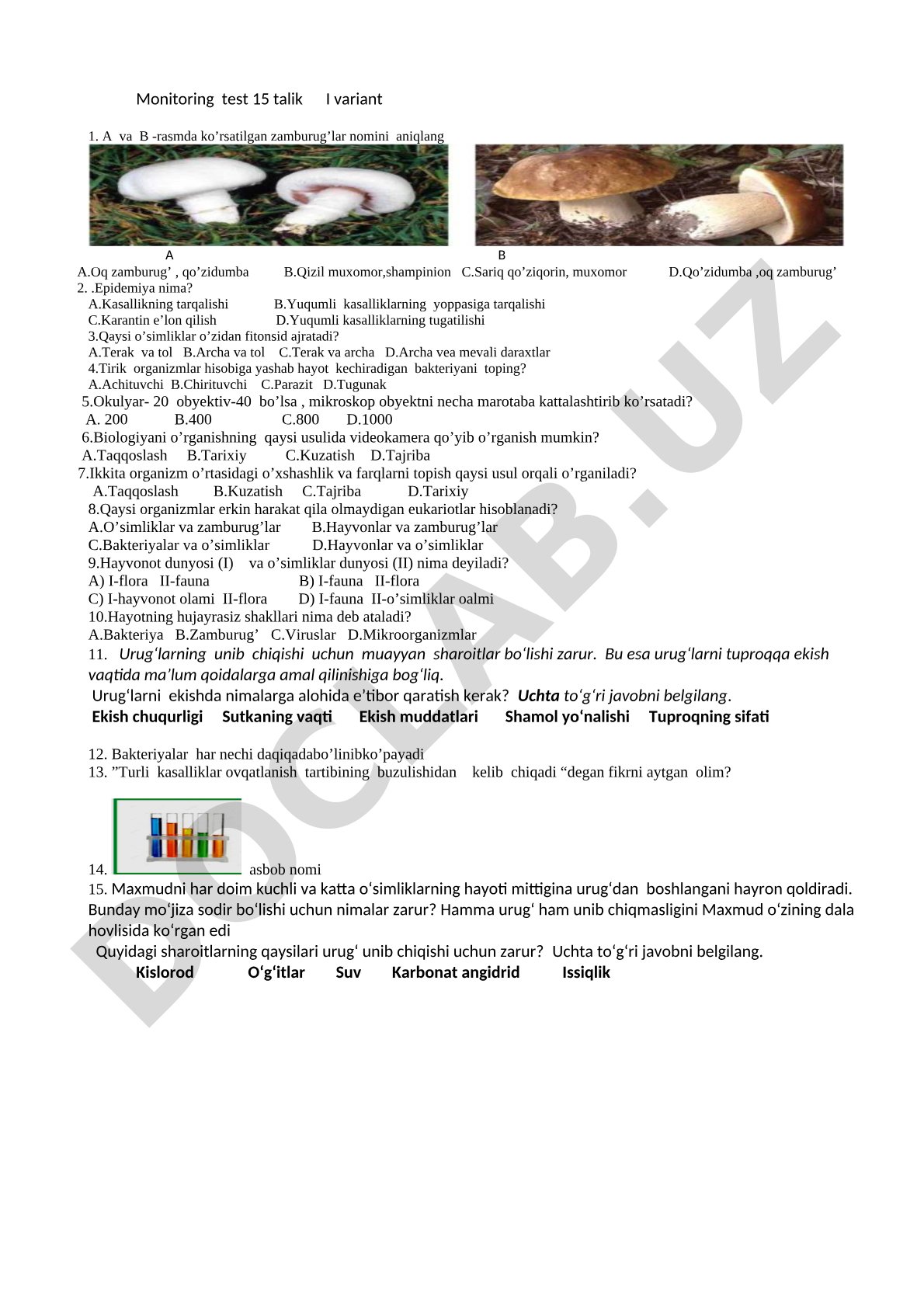 Biologiya fanidan monitoring testi (1-variant)