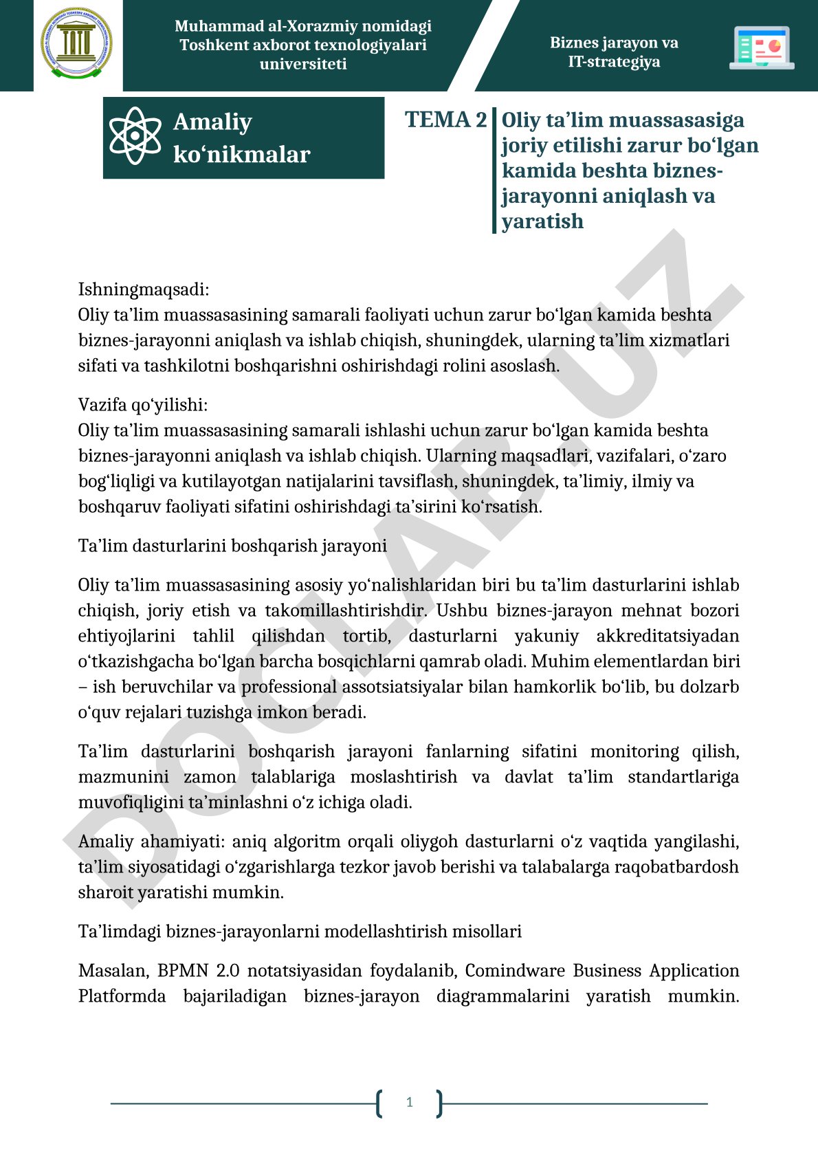 Oliy ta’lim muassasasiga joriy etilishi zarur bo‘lgan kamida beshta biznes-jarayonni aniqlash va yaratish