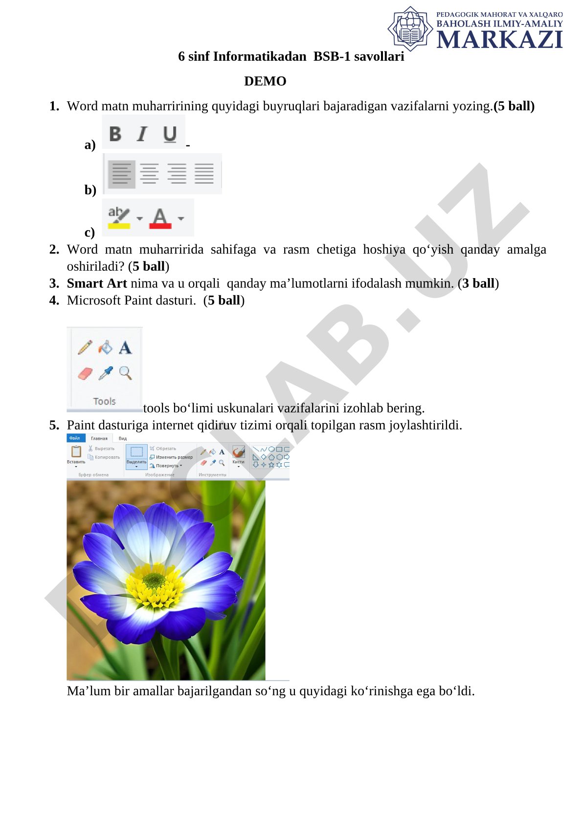 Informatika 6-sinf BSB-1 savollari