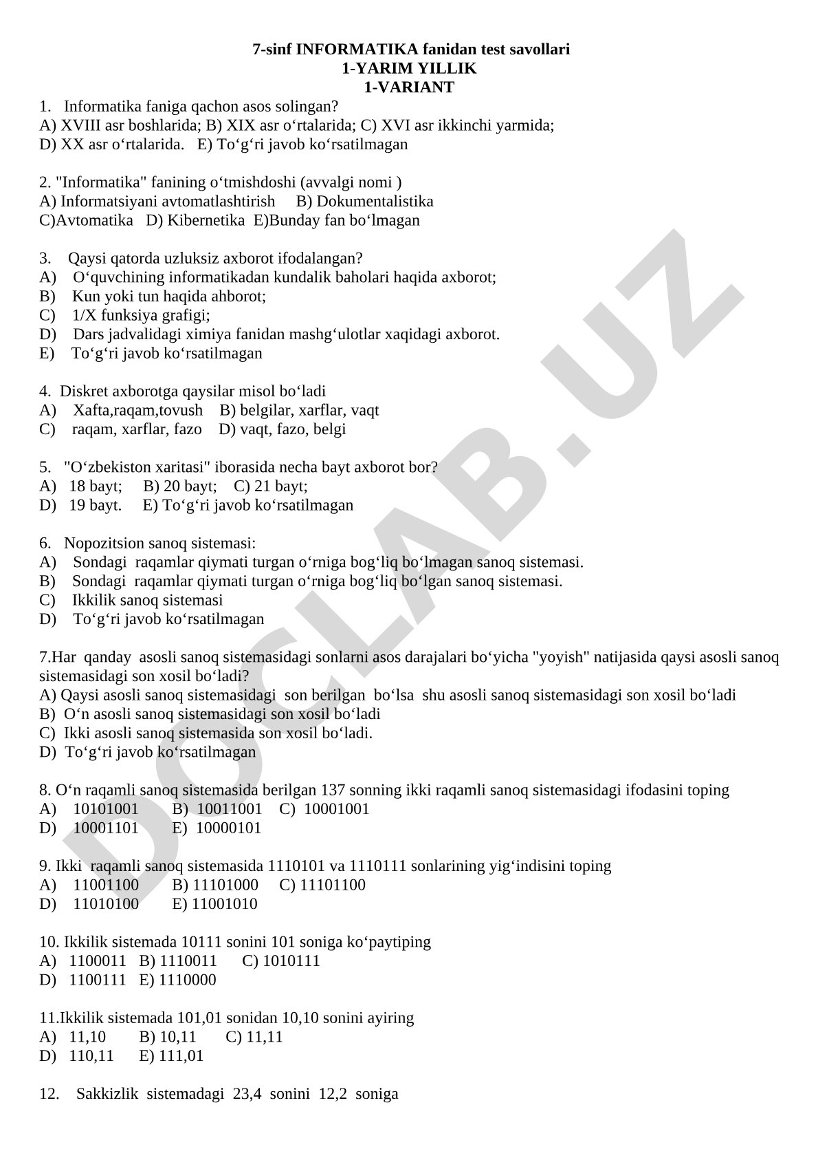 7-sinf INFORMATIKA fanidan test savollari 1-YARIM YILLIK 1-VARIANT