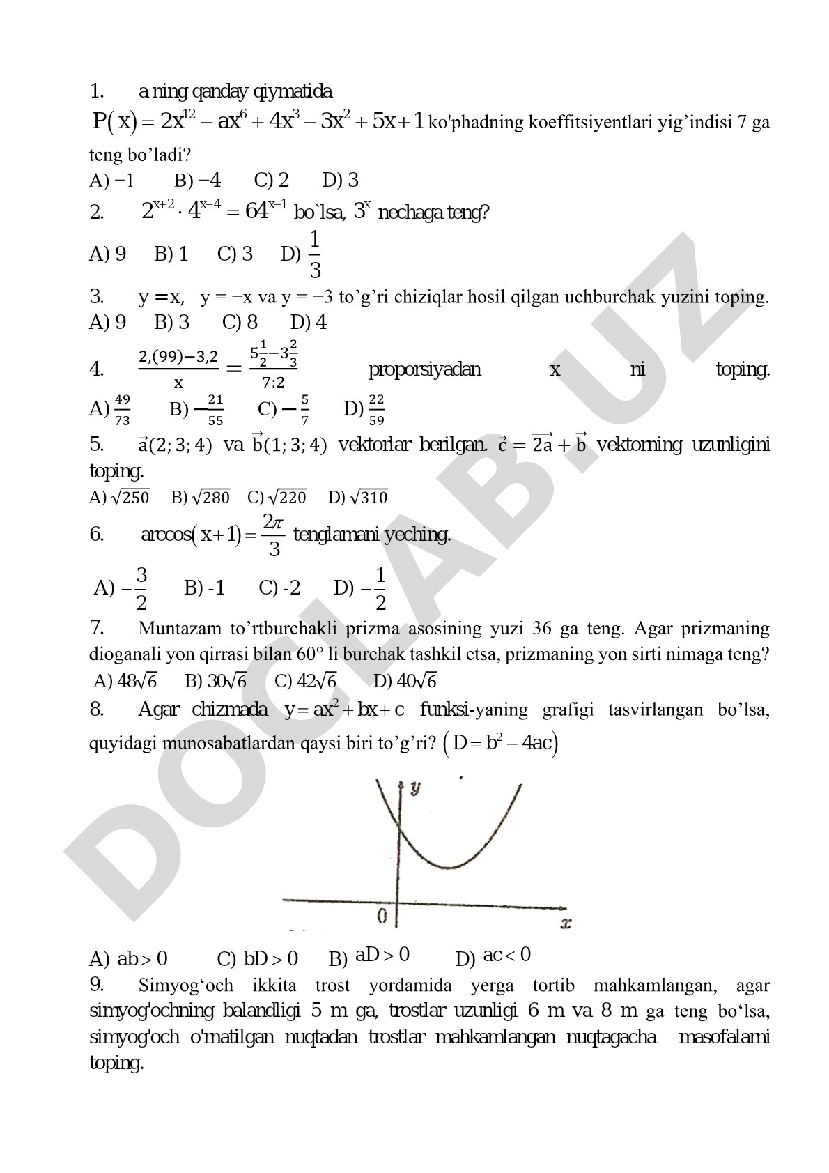 Matematika fanidan test savollari