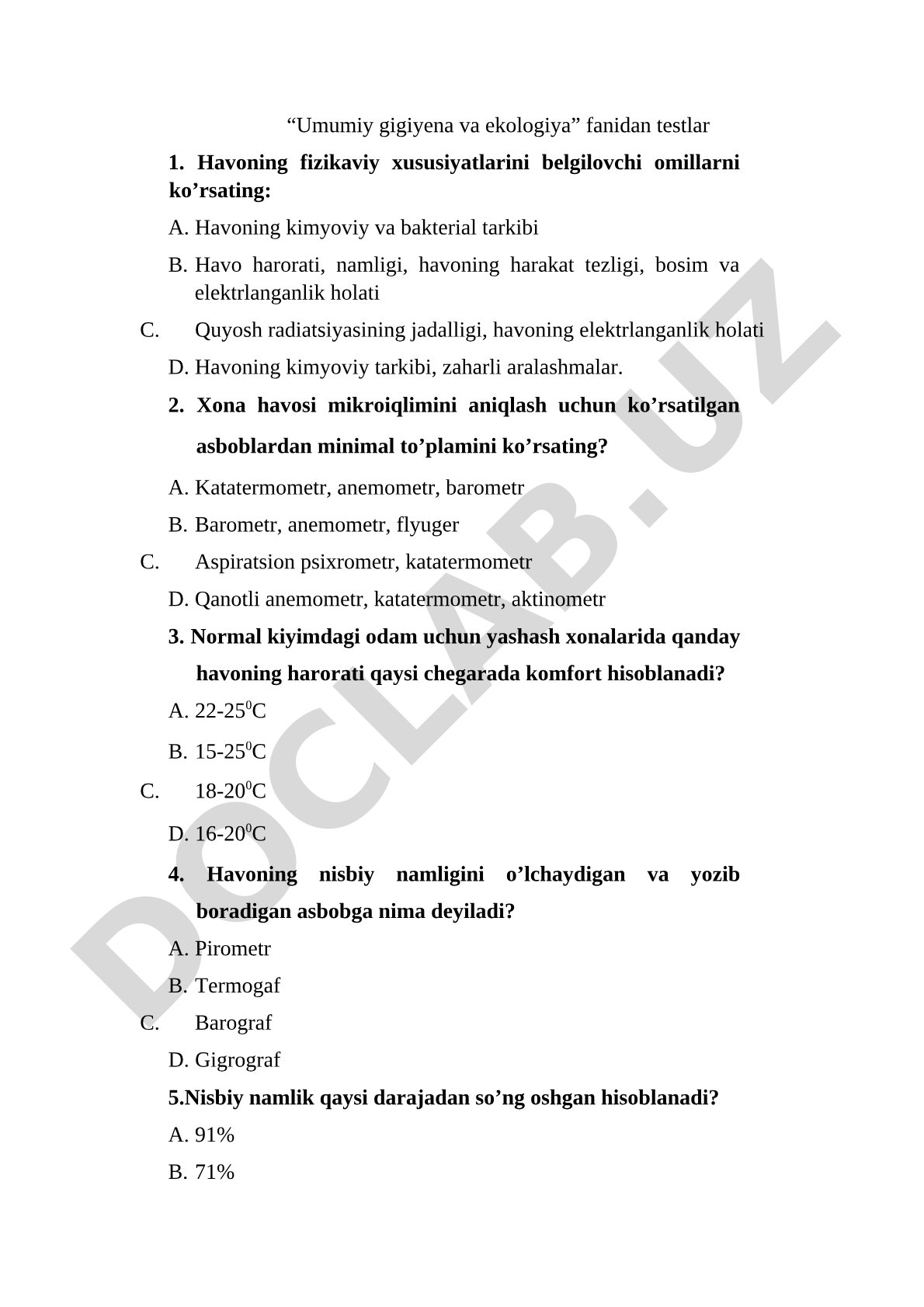 Umumiy gigiyena va ekologiya fanidan testlar