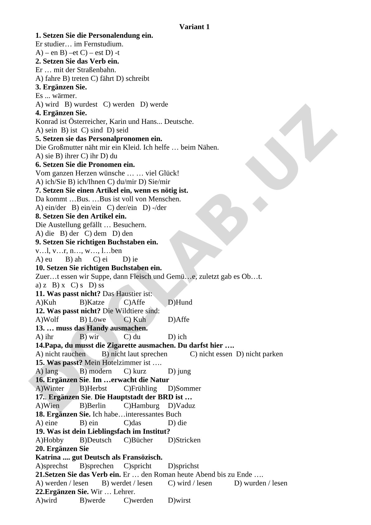 Nemis tili grammatik test savollari