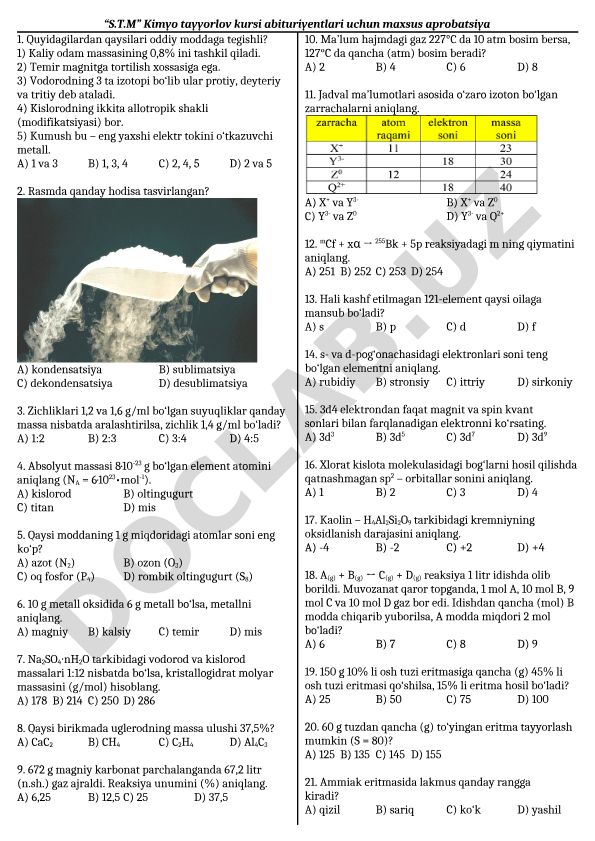 Kimyo fanidan test savollari to'plami
