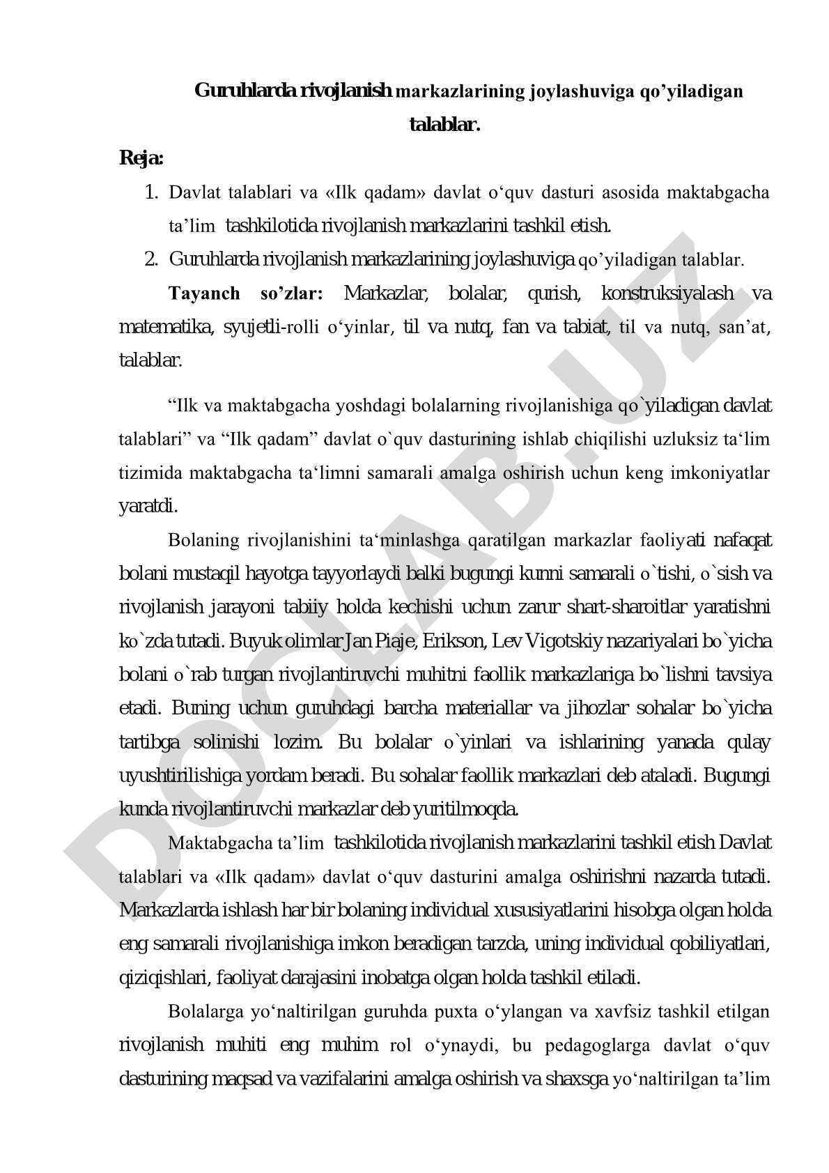 Guruhlarda rivojlanish markazlarining joylashuviga qo’yiladigan talablar