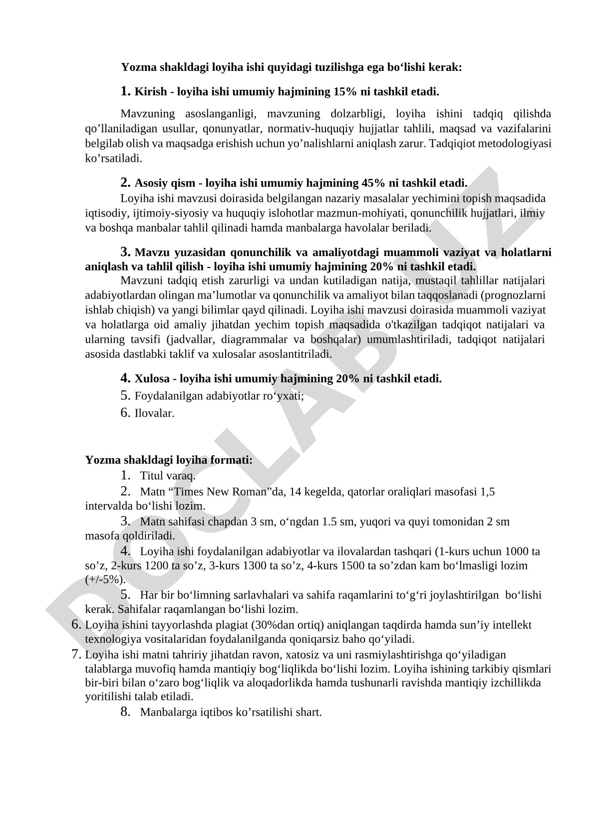Loyiha ishining tuzilishi va talablari