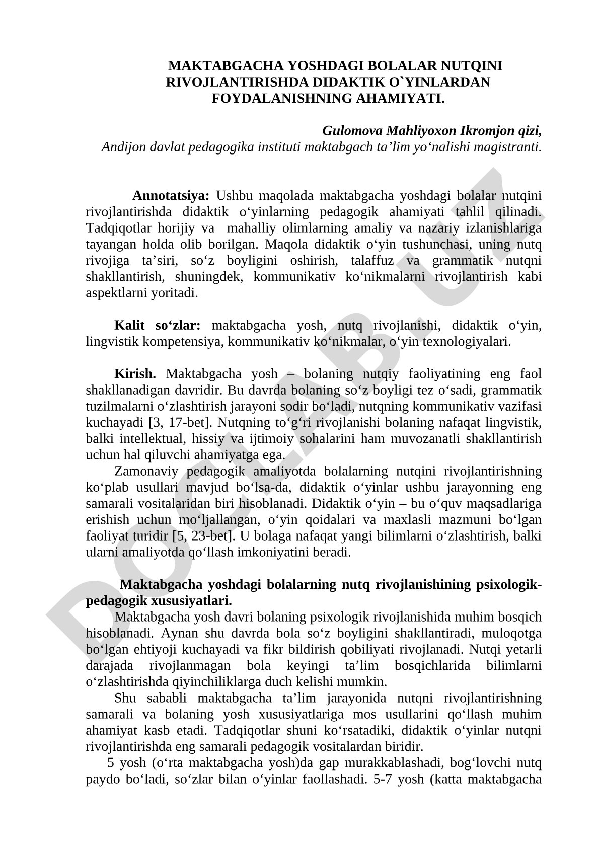Maktabgacha yoshdagi bolalar nutqini rivojlantirishda didaktik o'yinlardan foydalanishning ahamiyati
