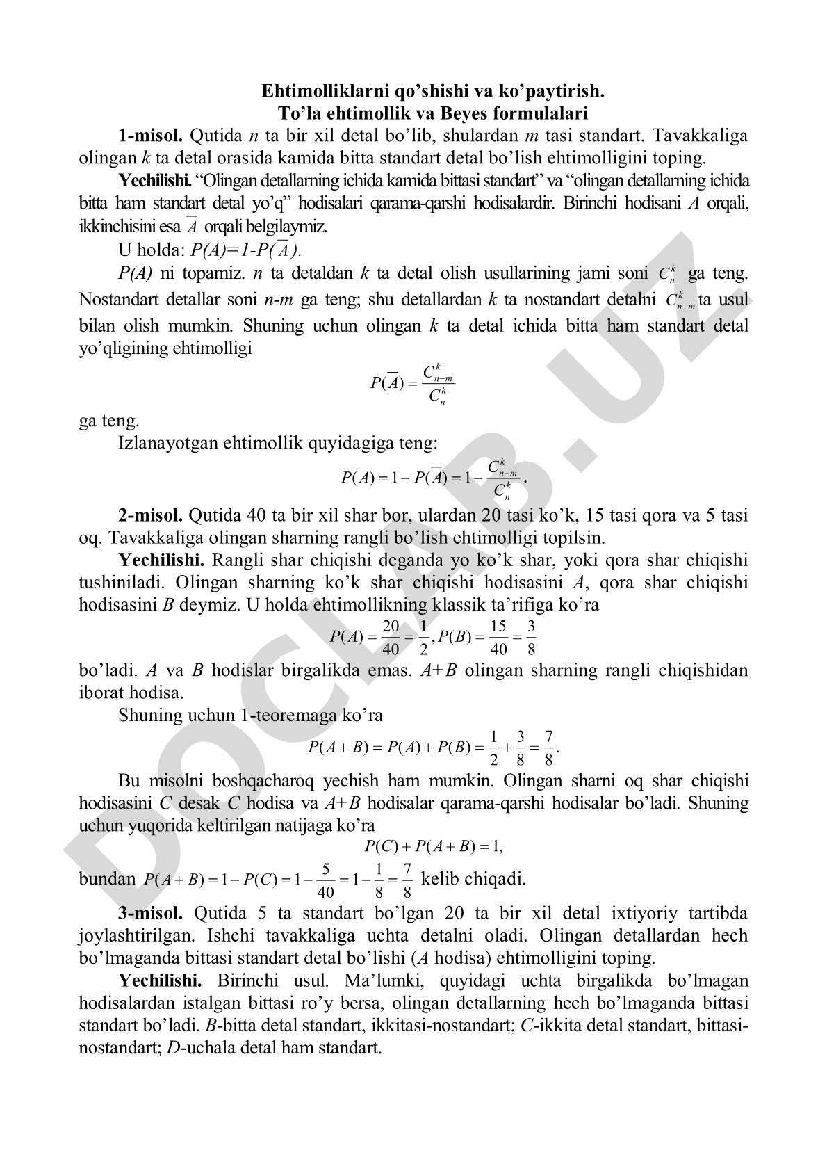 Ehtimolliklarni qo’shishi va ko’paytirish. To’la ehtimollik va Beyes formulalari