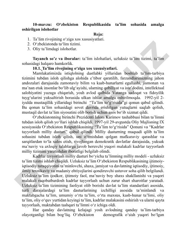 O‘zbekiston Respublikasida ta’lim sohasida amalga oshirilgan islohotlar