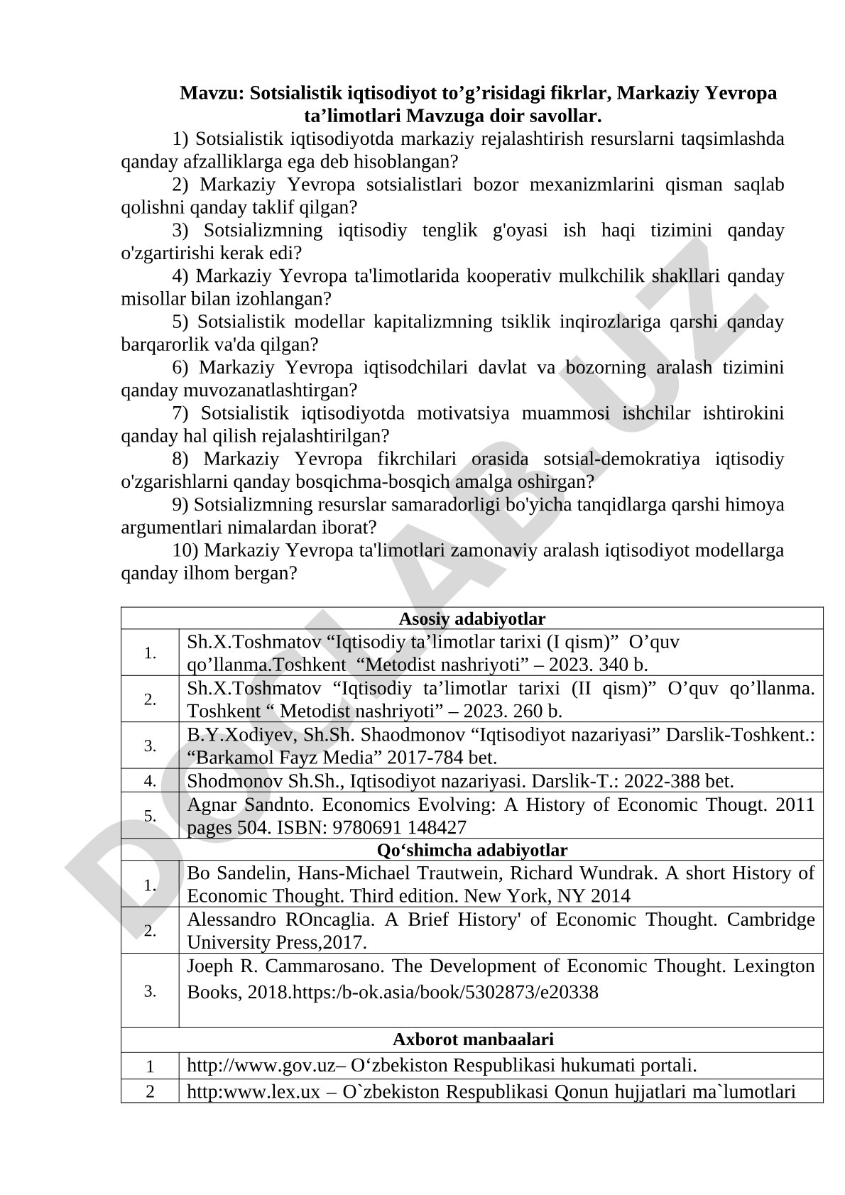 Sotsialistik iqtisodiyot to’g’risidagi fikrlar, Markaziy Yevropa ta’limotlari
