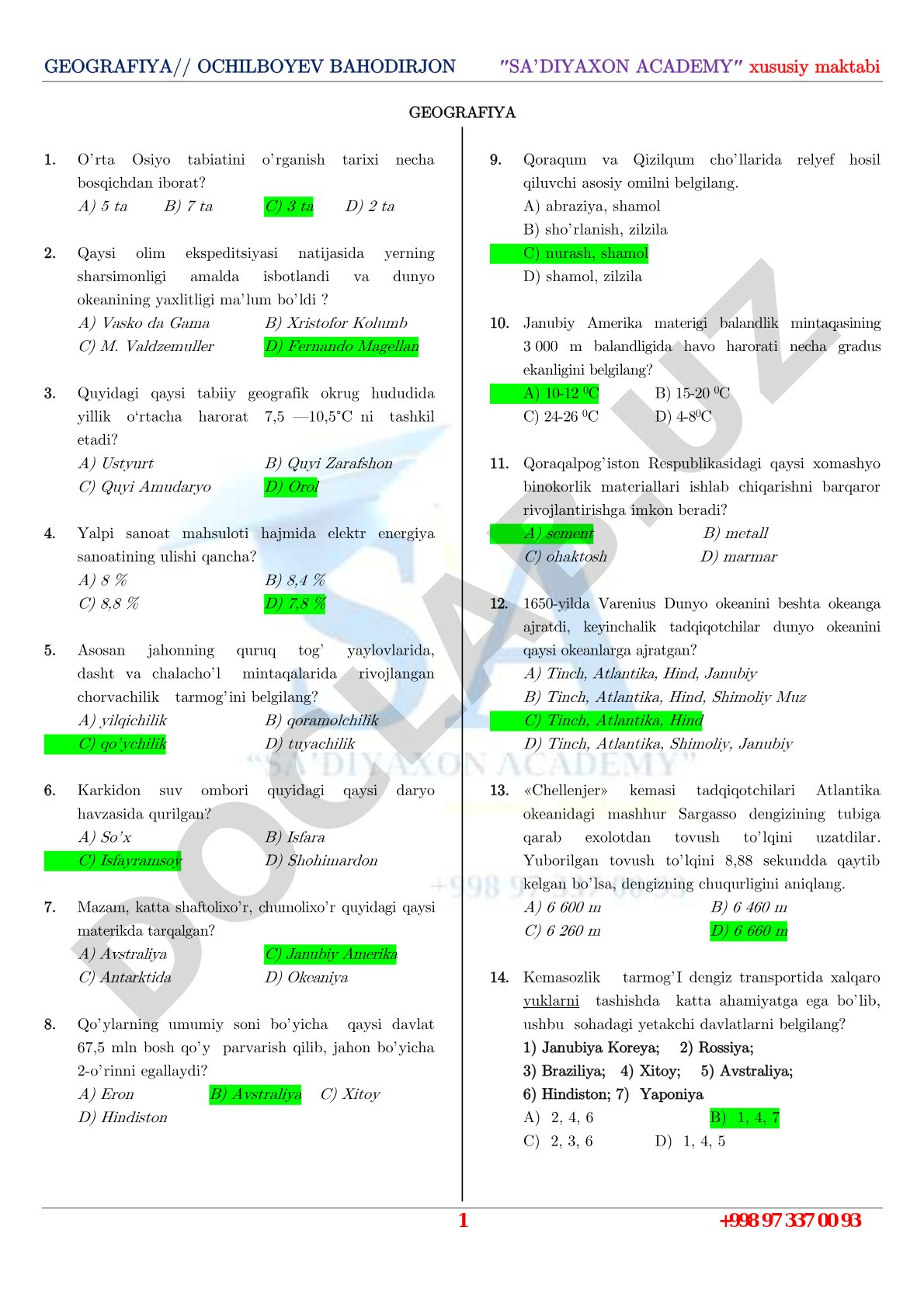 Geografiya fanidan test savollari