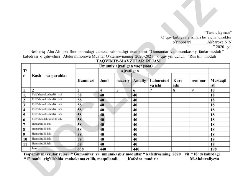 Rus tili moduli taqvimiy-mavzular rejasi