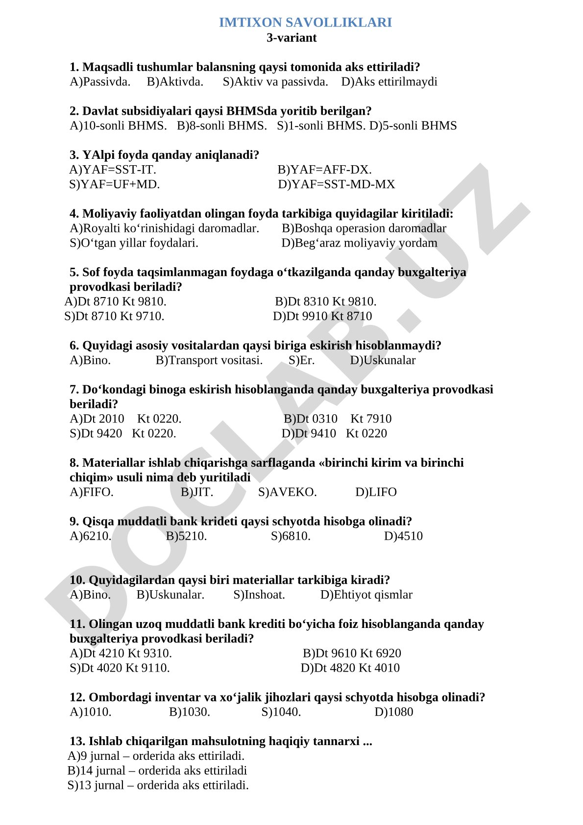 Buxgalteriya hisobi imtihon savollari
