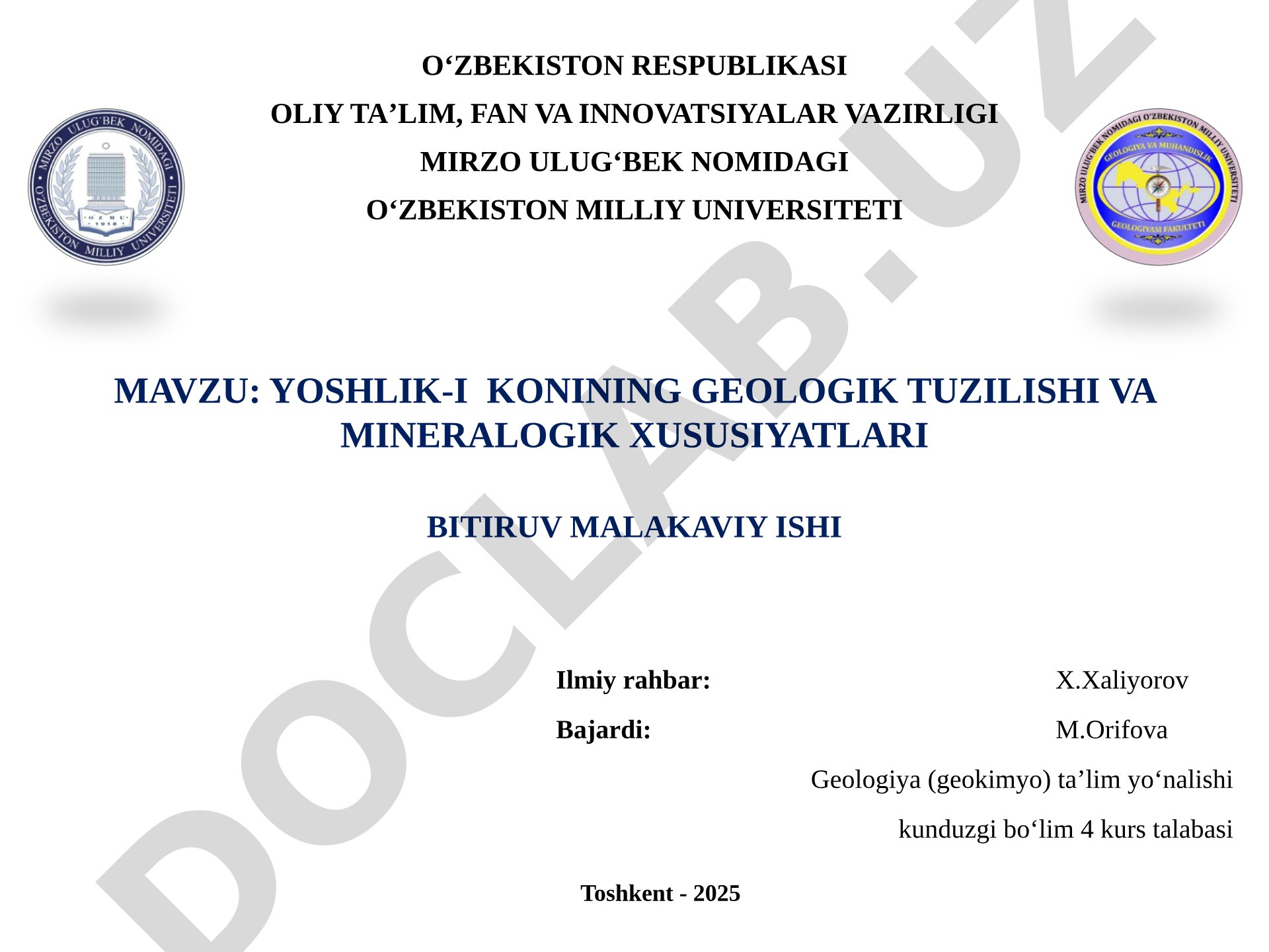 Yoshlik-I konining geologik tuzilishi va mineralogik xususiyatlari