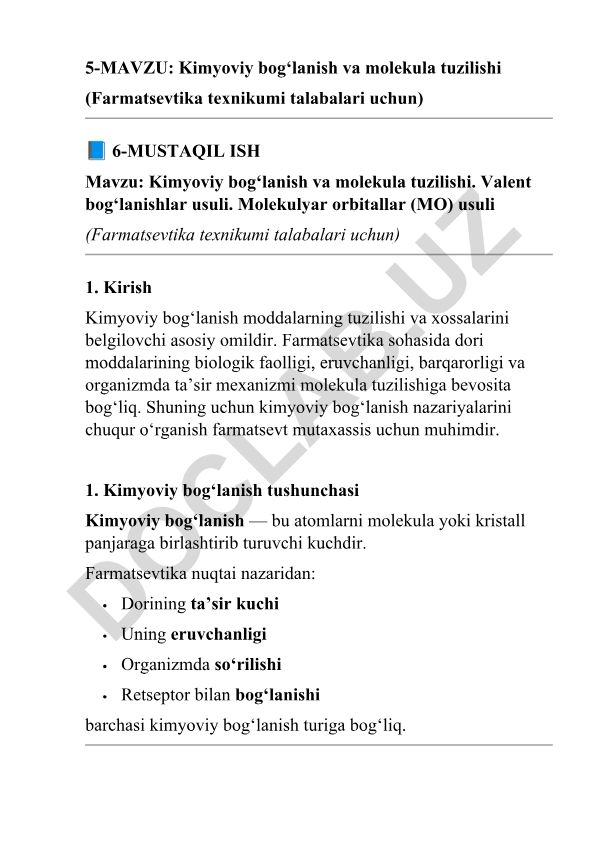 Kimyoviy bog‘lanish va molekula tuzilishi