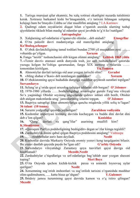 O'zbekiston tarixi va madaniyati test savollari