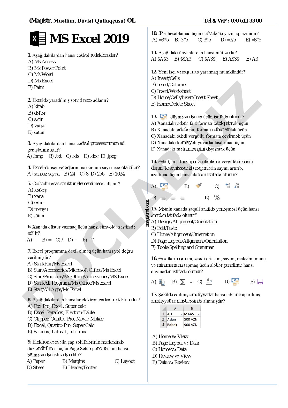 Excel elektron cədvəl redaktoru üzrə test sualları