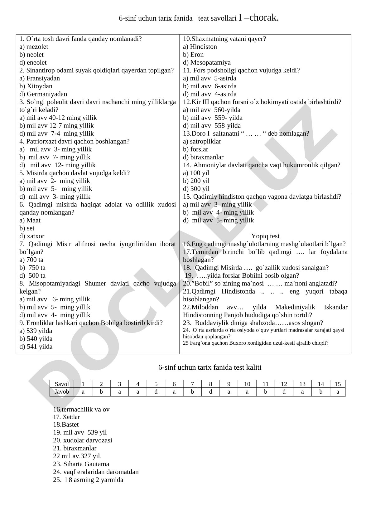 6-sinf tarix fanidan 1-chorak test savollari