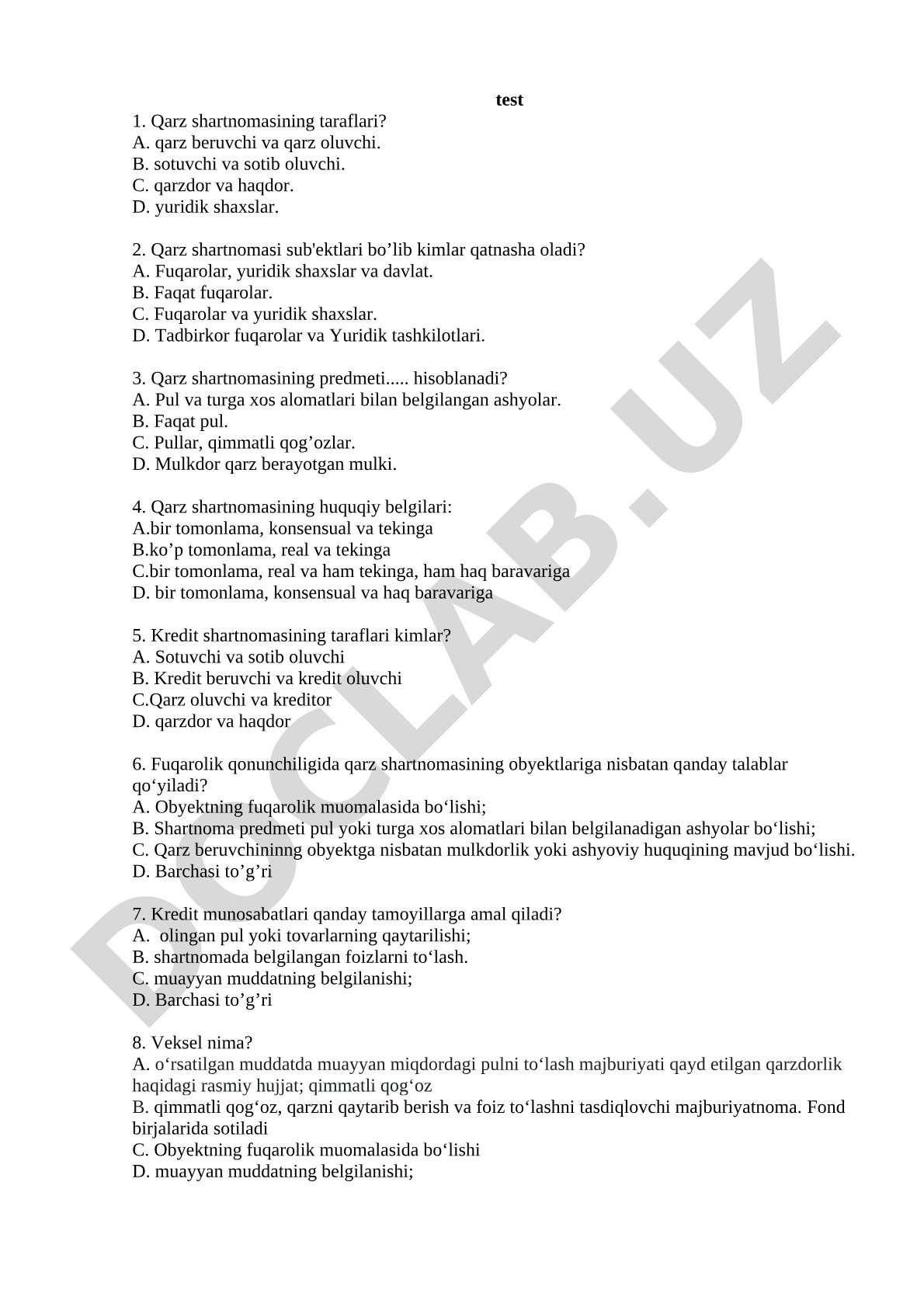 Qarz va kredit shartnomalarining huquqiy asoslari