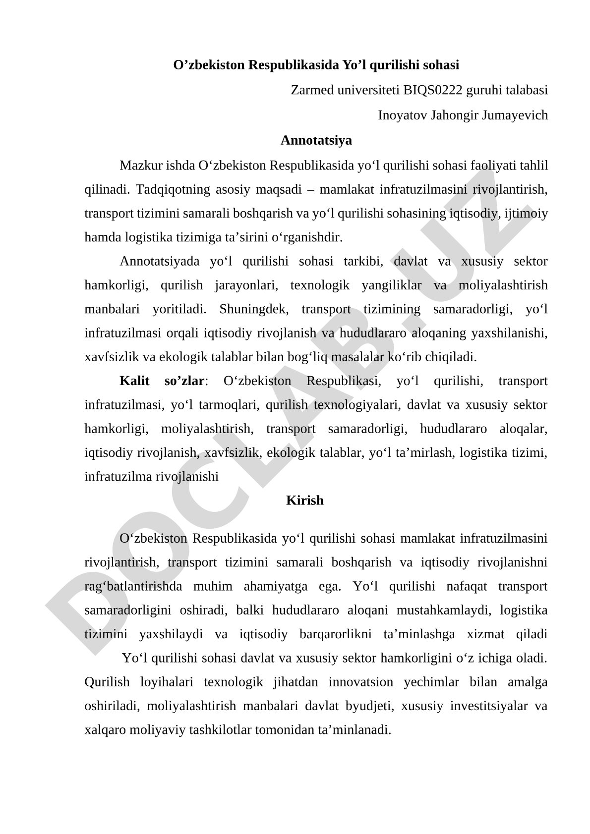 O’zbekiston Respublikasida Yo’l qurilishi sohasi
