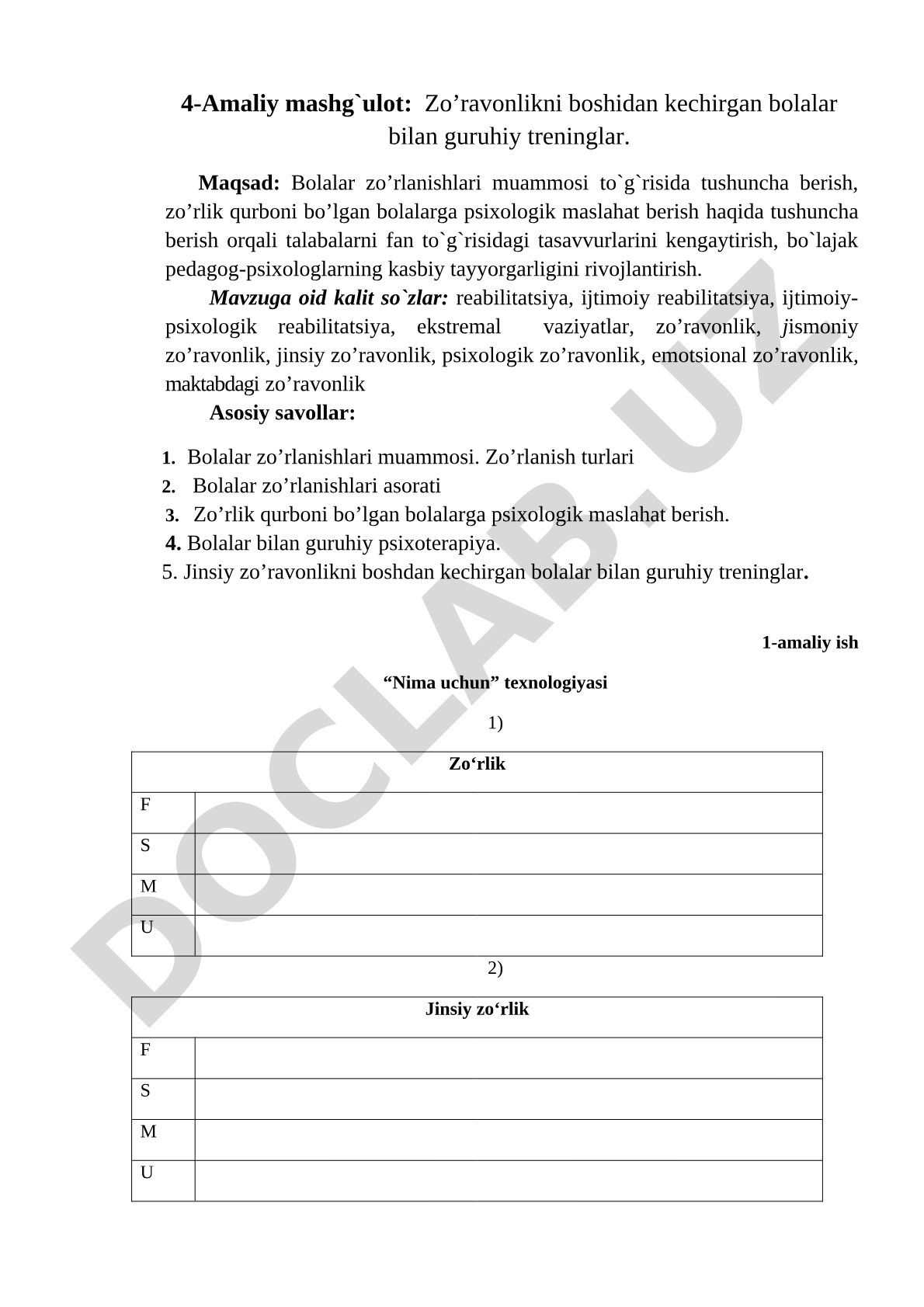 Zo’ravonlikni boshidan kechirgan bolalar bilan guruhiy treninglar
