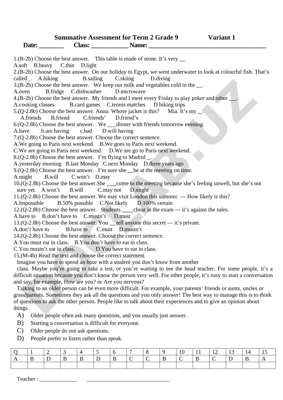Grade 9 Term 2 English Summative Assessment