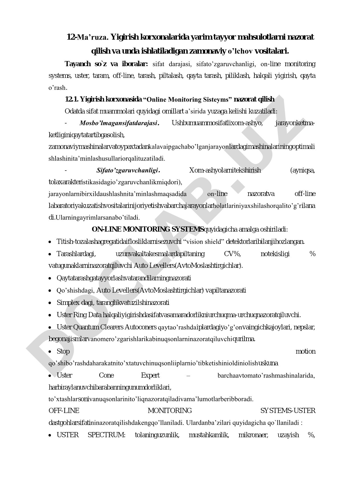 Yigirish korxonalarida yarim tayyor mahsulotlarni nazorat qilish va unda ishlatiladigan zamonaviy o’lchov vositalari