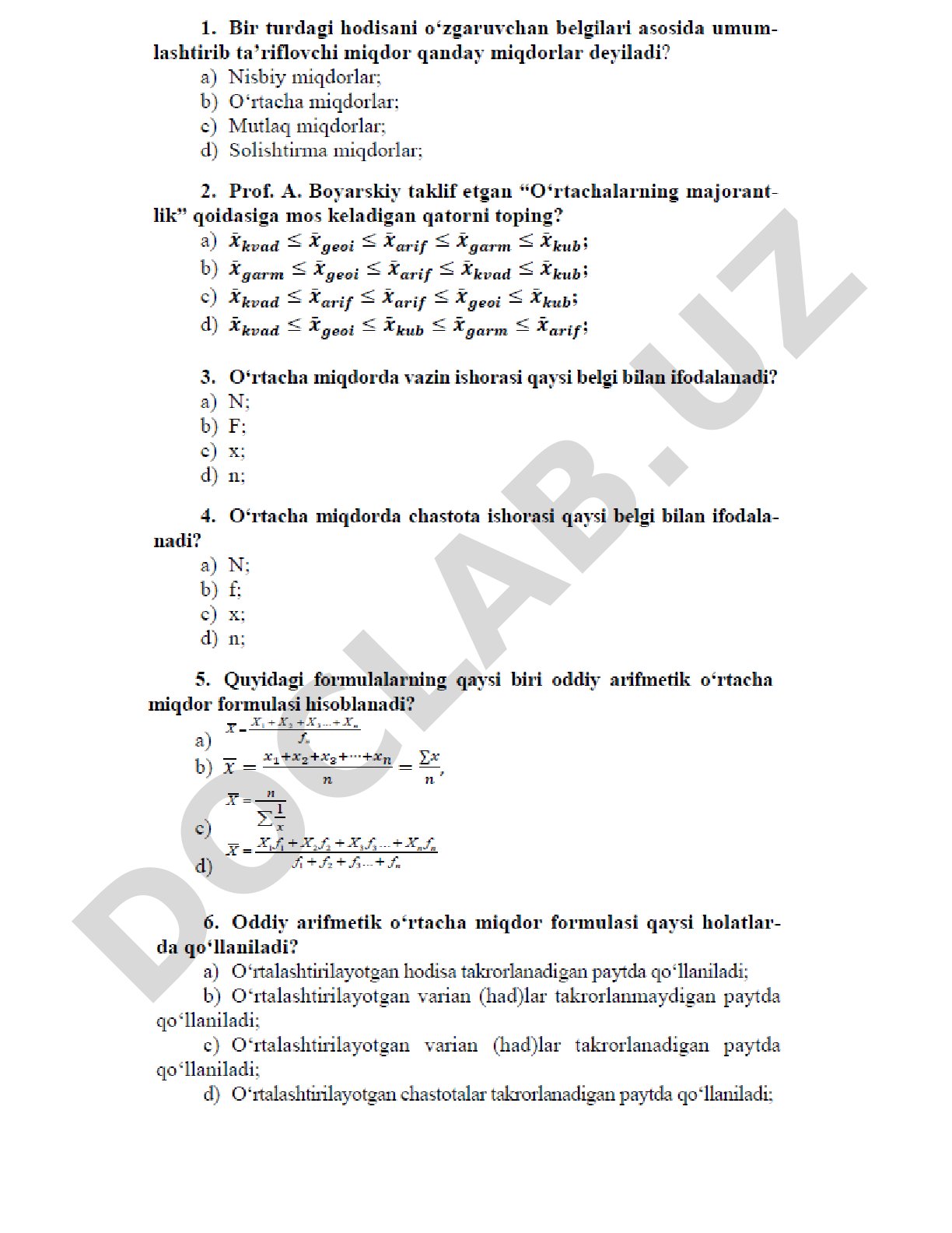 O'rtacha miqdorlar turlari va formulalari