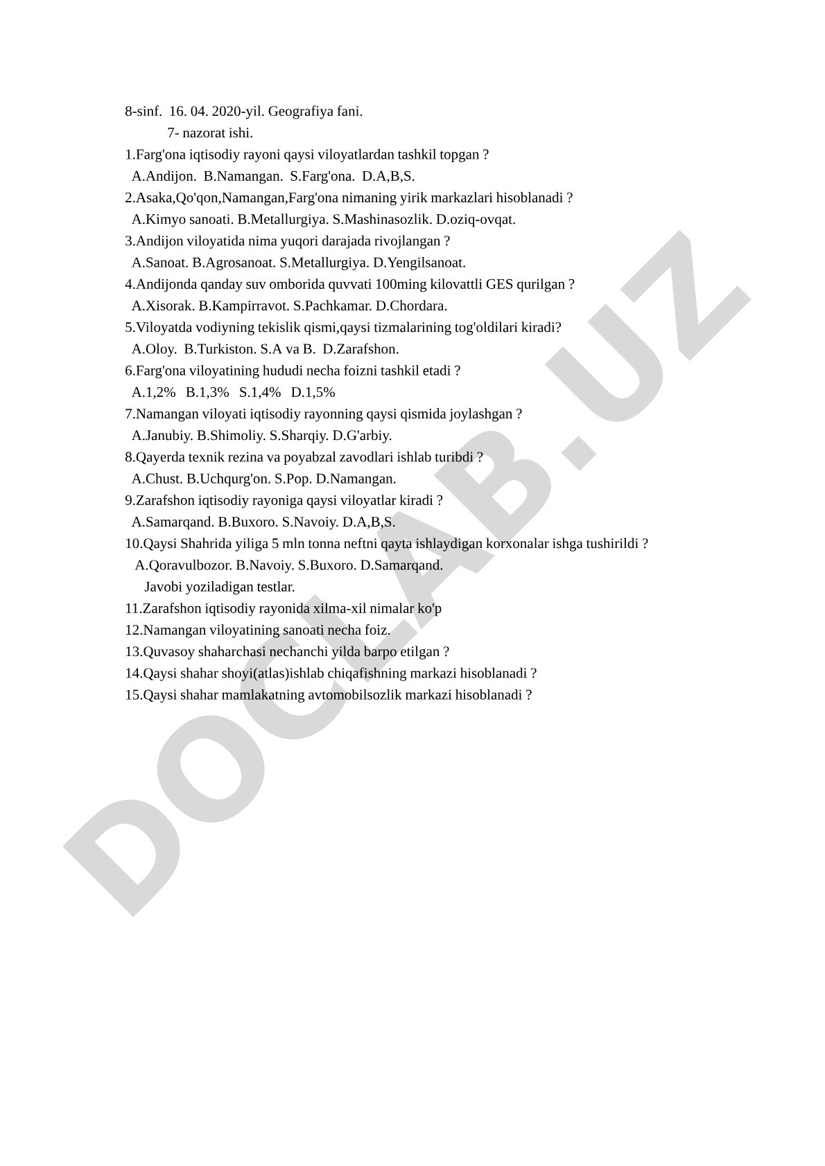 O'zbekiston iqtisodiy rayonlari bo'yicha test