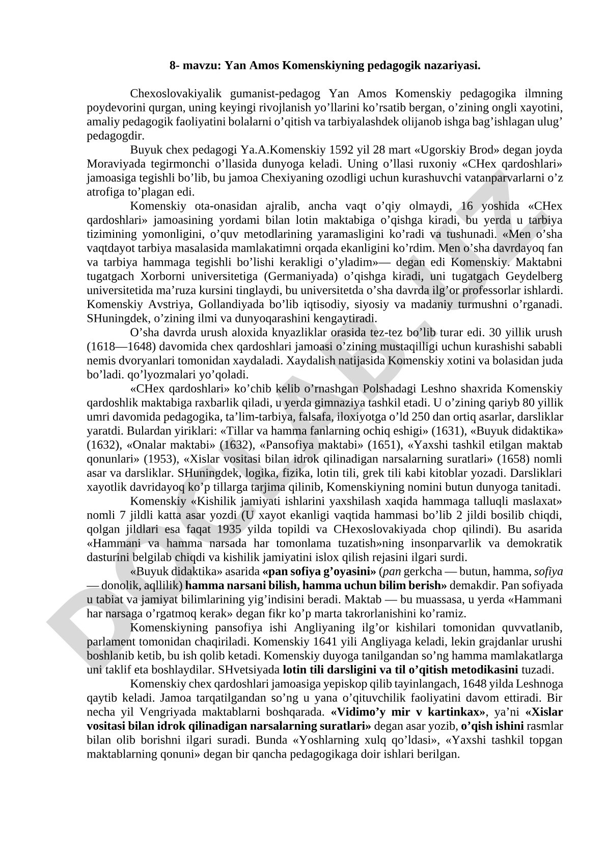 Yan Amos Komenskiyning pedagogik nazariyasi