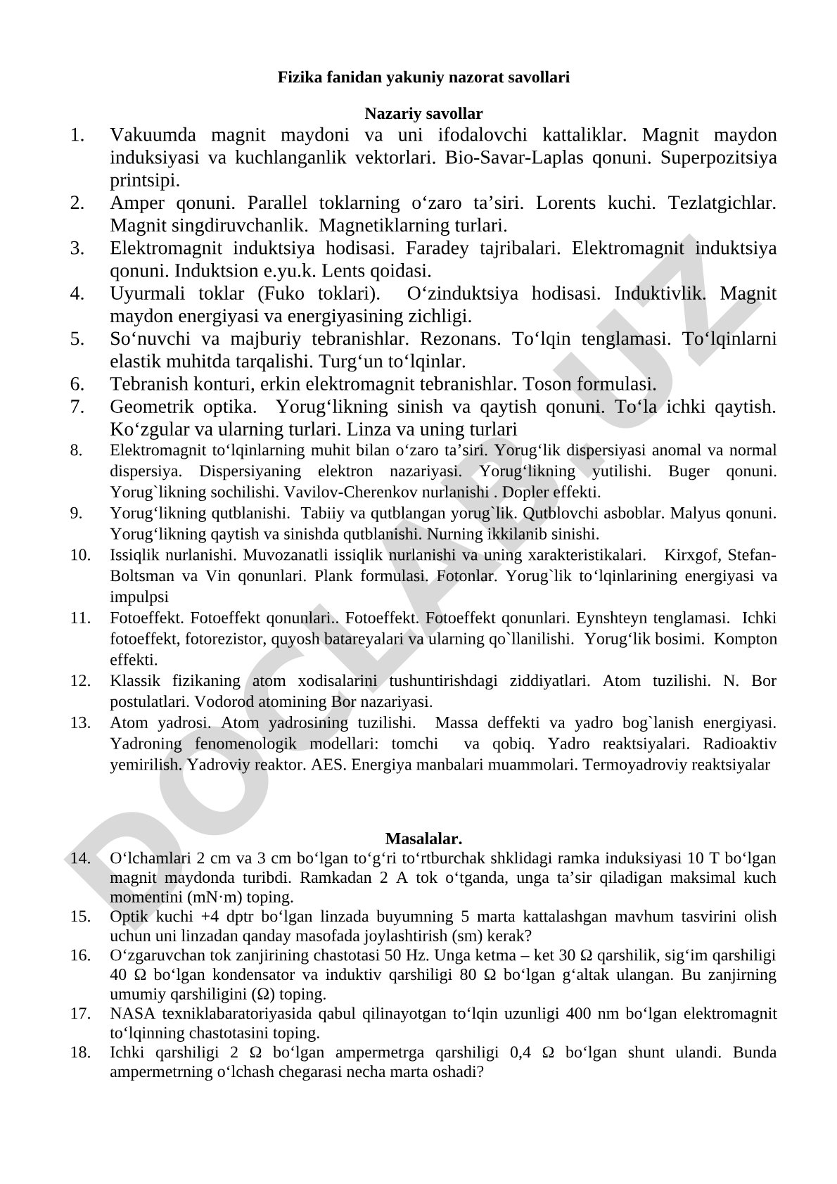 Fizika fanidan yakuniy nazorat savollari