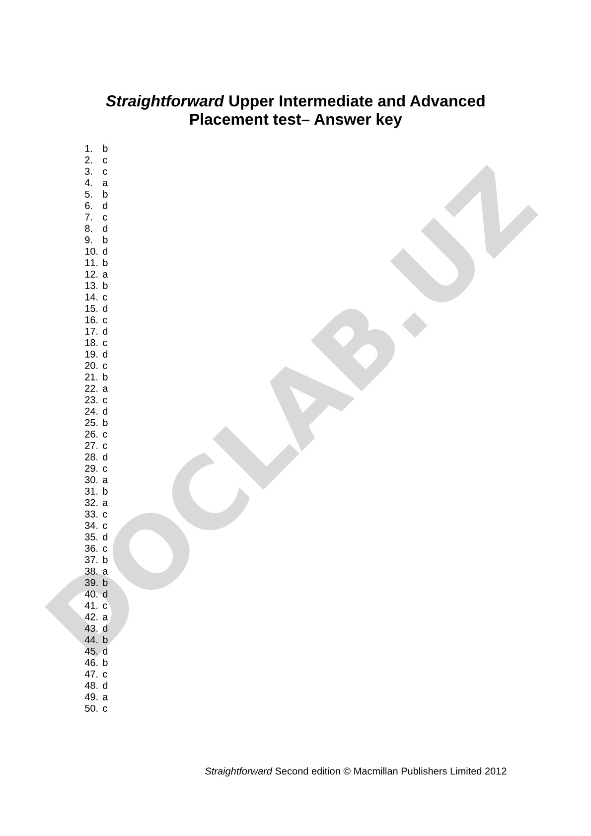 Straightforward Upper Intermediate and Advanced Placement test– Answer key