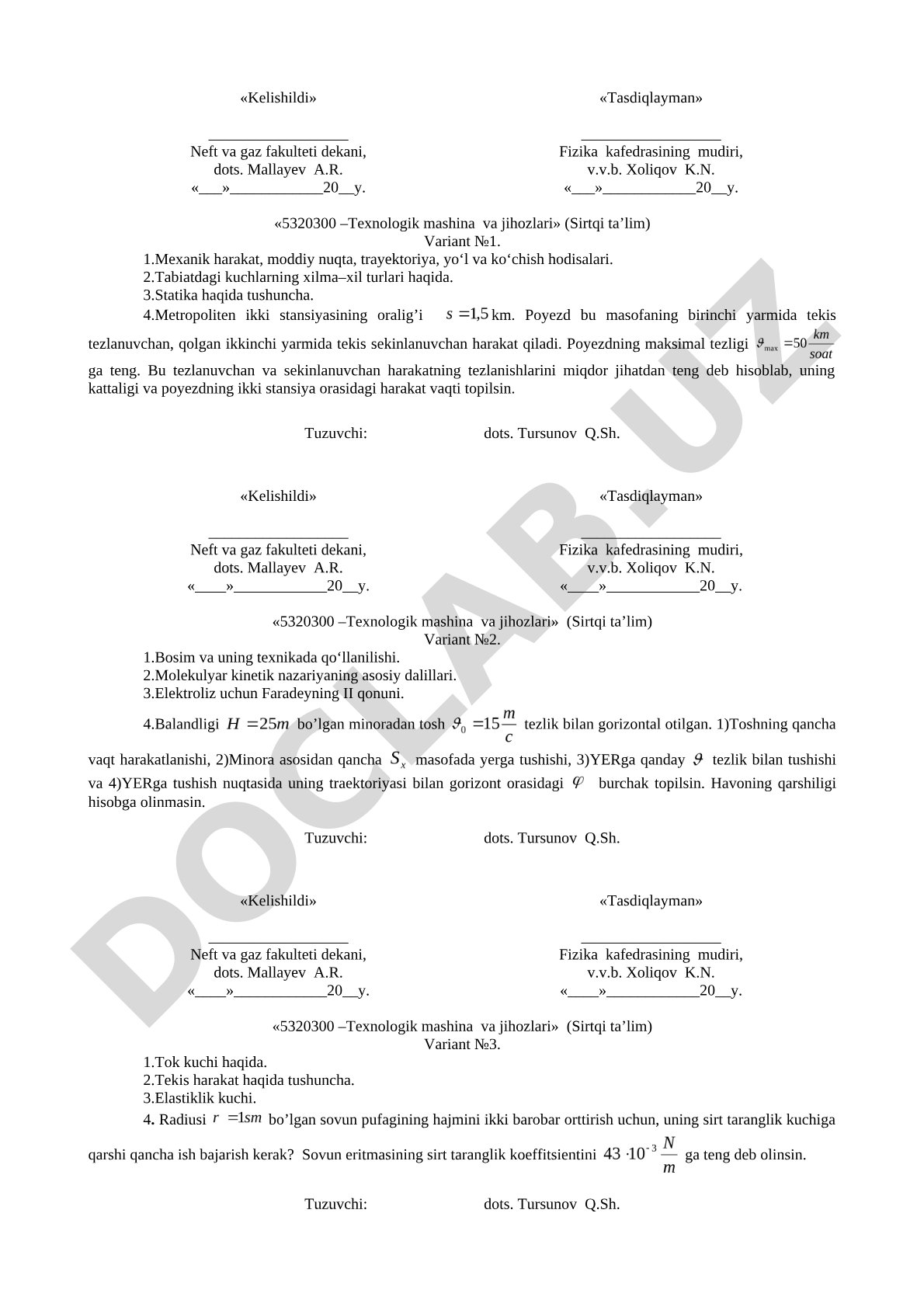 Mexanik harakat, kuchlar va statikaga oid masalalar
