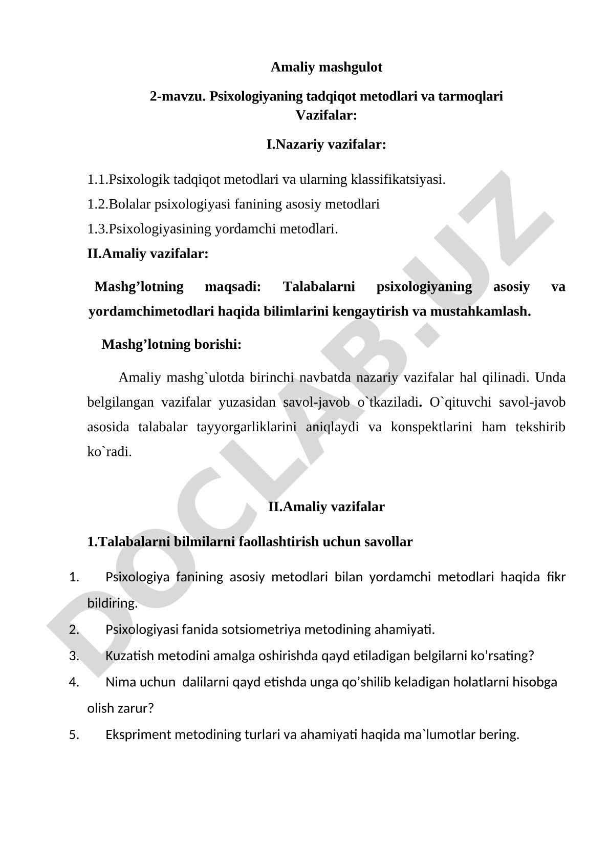 Psixologiyaning tadqiqot metodlari va tarmoqlari