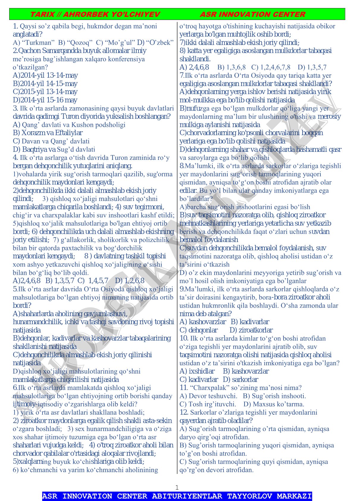 Tarix fanidan test savollari