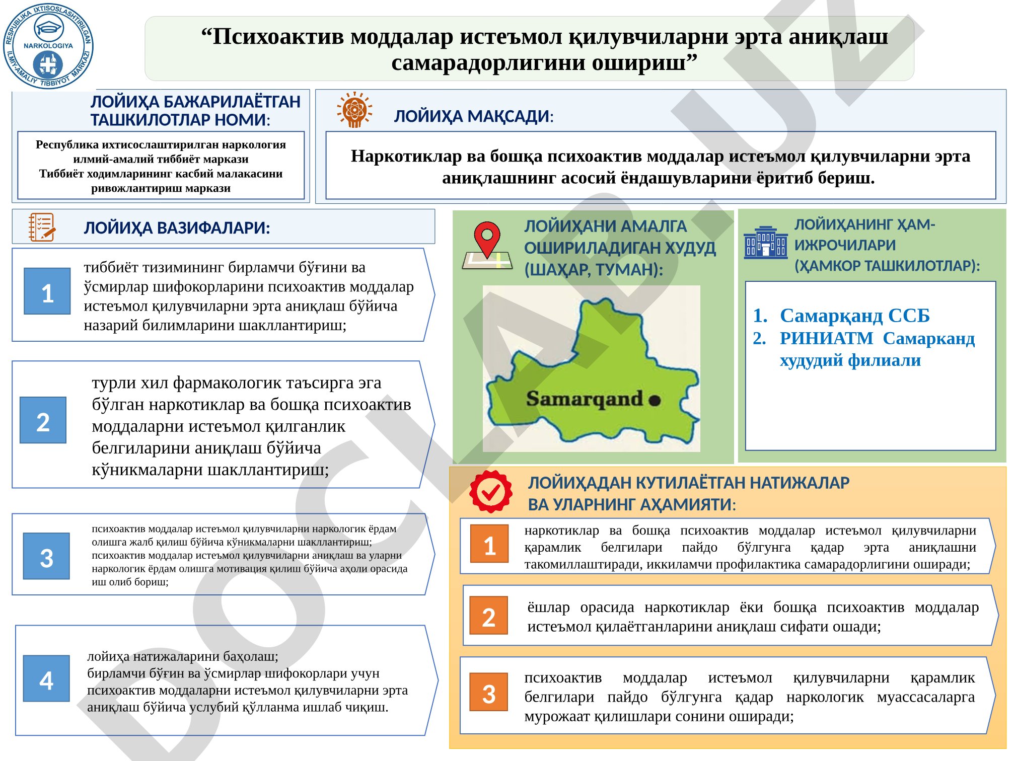 Психоактив моддалар истеъмол қилувчиларни эрта аниқлаш лойиҳаси