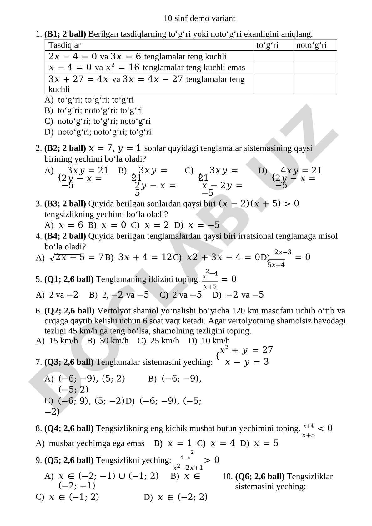 10 sinf matematika demo varianti