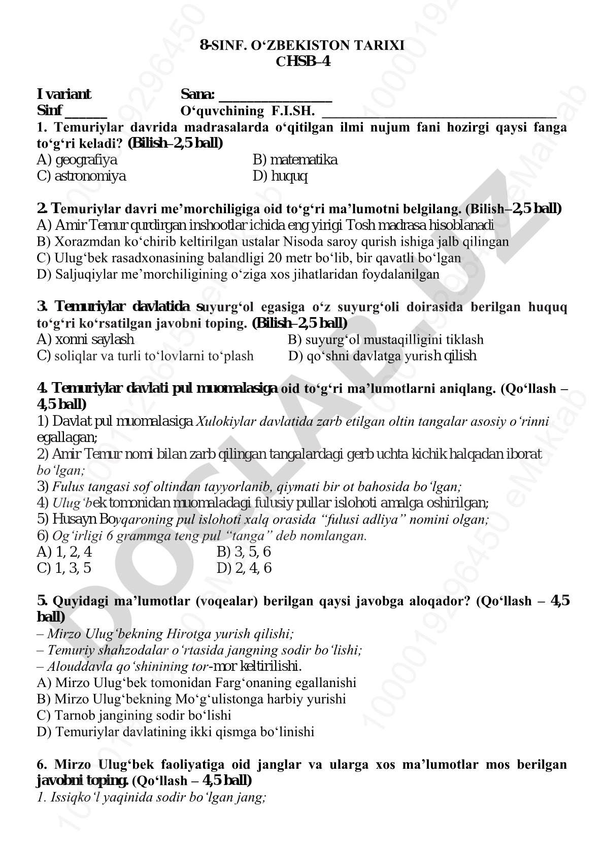 O'zbekiston tarixi 8-sinf CHSB testi