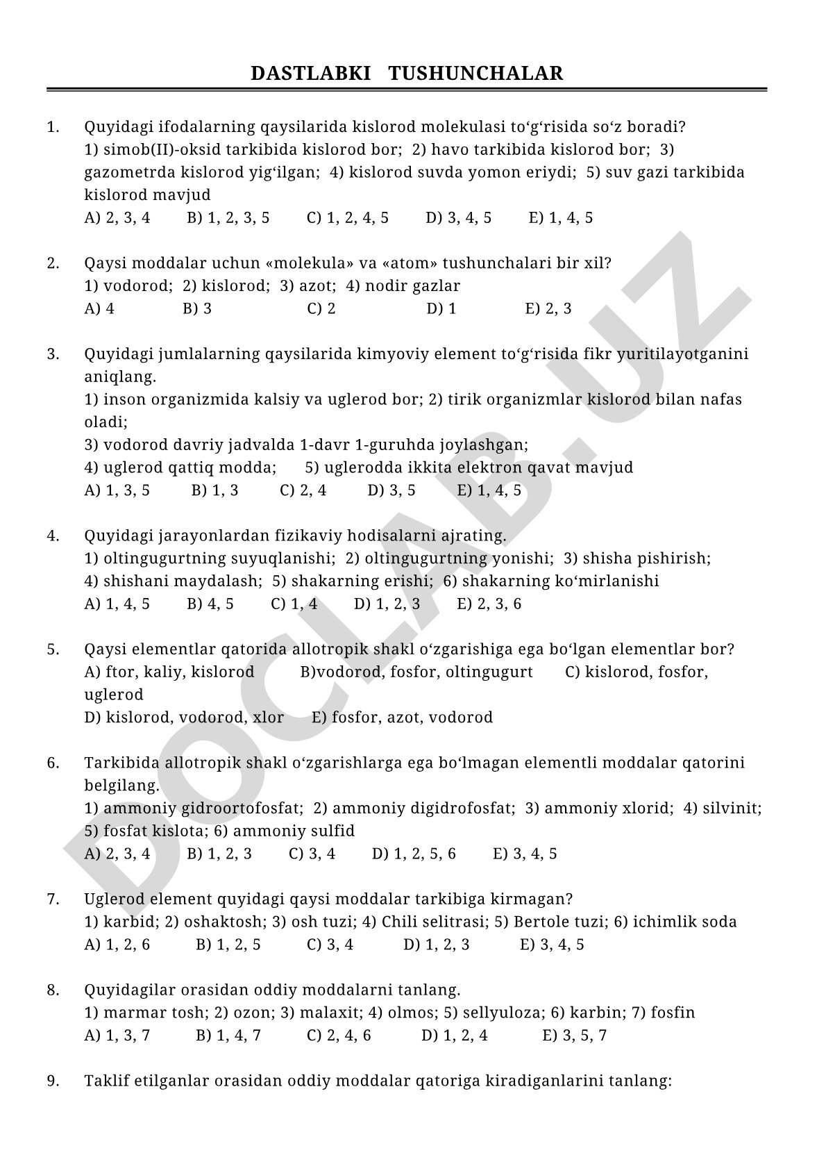 Kimyodan dastlabki tushunchalar testi
