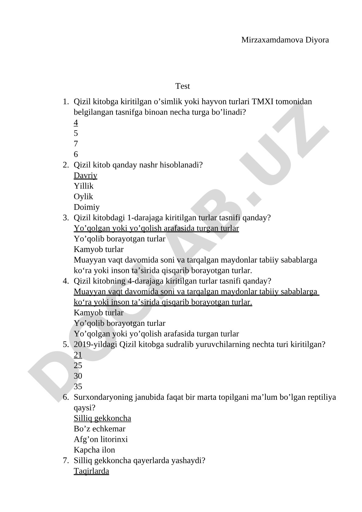Qizil kitobga kiritilgan o'simlik va hayvon turlari tasnifi