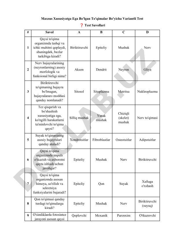 Maxsus xususiyatga ega bo'lgan to'qimalar bo'yicha test savollari